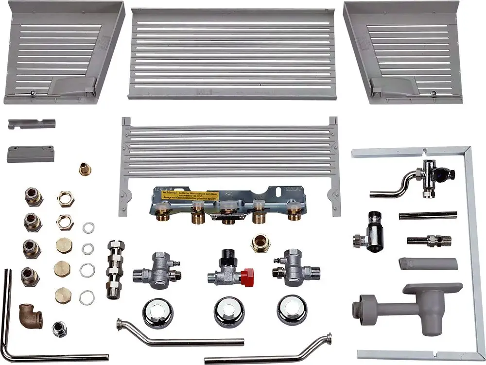 Montagesatz bestehend aus verschiedenen Rohren, Fittings und Halterungen, geeignet für Bosch Installationen, um Heizsysteme zu verbinden und zu befestigen.